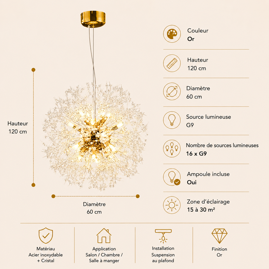 Lustre Suspension Sphère Cristal Étincelant et Métal Doré - Salon Salle à Manger — Novus