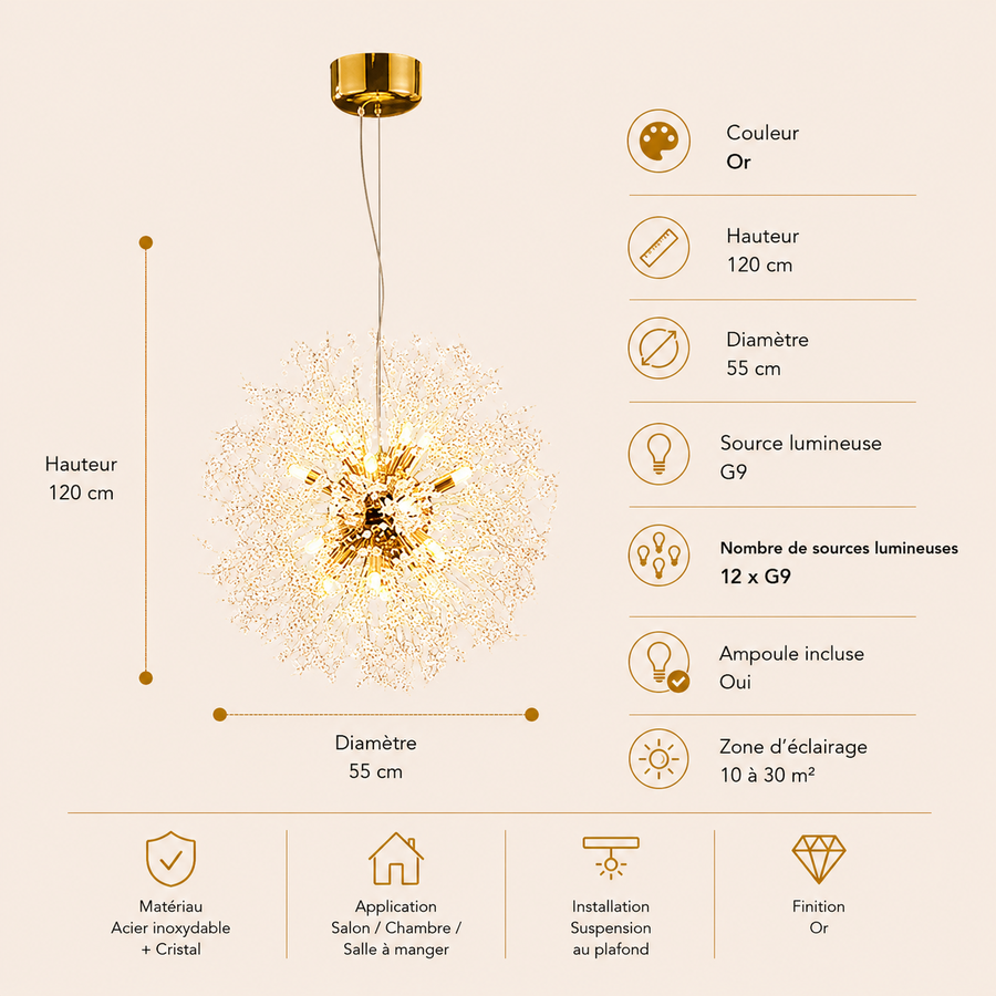 Lustre Suspension Sphère Cristal Étincelant et Métal Doré - Salon Salle à Manger — Novus