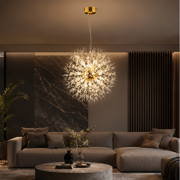 Lustre Suspension Sphère Cristal Étincelant et Métal Doré - Salon Salle à Manger — Novus