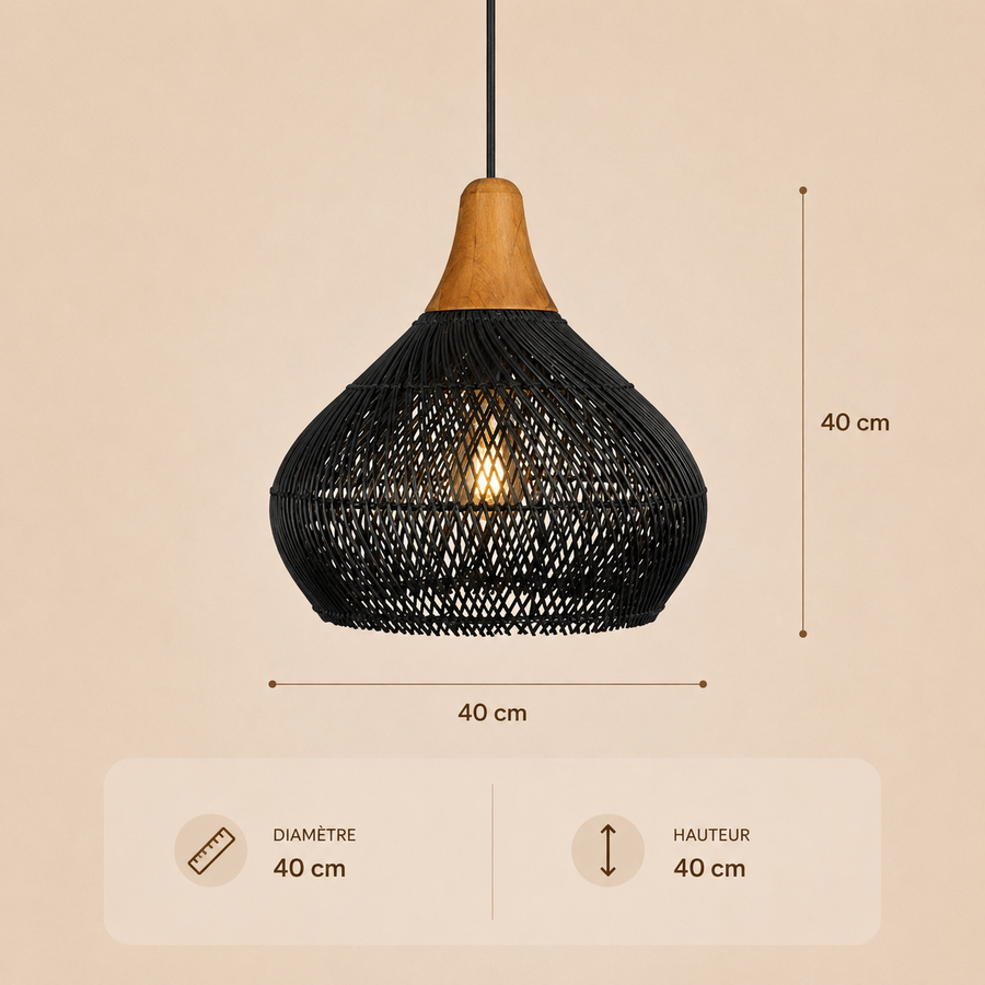 Suspension Goutte Rotin Noir et Bois Naturel - Cuisine Chambre Salon — Drops
