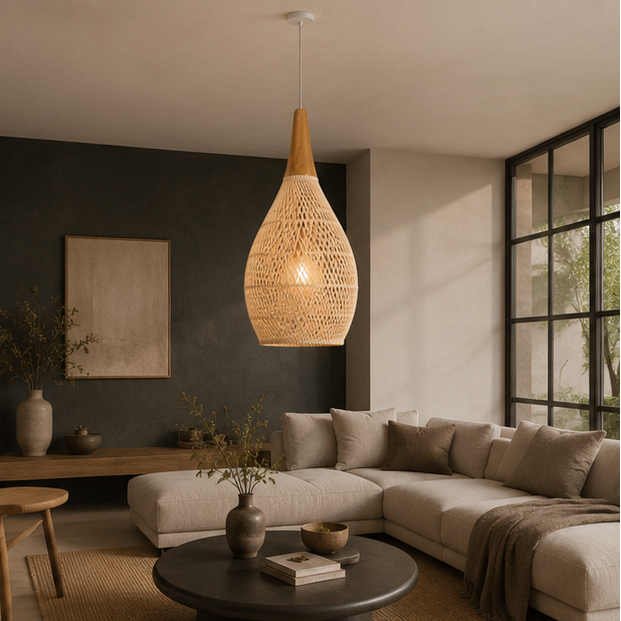 Suspension Goutte Rotin Noir et Bois Naturel - Cuisine Chambre Salon — Drops