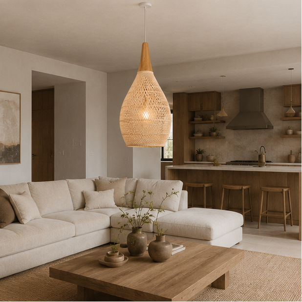 Suspension Goutte Rotin Noir et Bois Naturel - Cuisine Chambre Salon — Drops