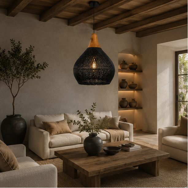 Suspension Goutte Rotin Noir et Bois Naturel - Cuisine Chambre Salon — Drops