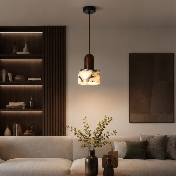 Suspension Cylindre Marbre Blanc et Bois Naturel - Cuisine Chambre Salon — Artemis