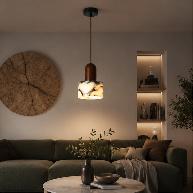 Suspension Cylindre Marbre Blanc et Bois Naturel - Cuisine Chambre Salon — Artemis