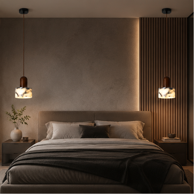 Suspension Cylindre Marbre Blanc et Bois Naturel - Cuisine Chambre Salon — Artemis
