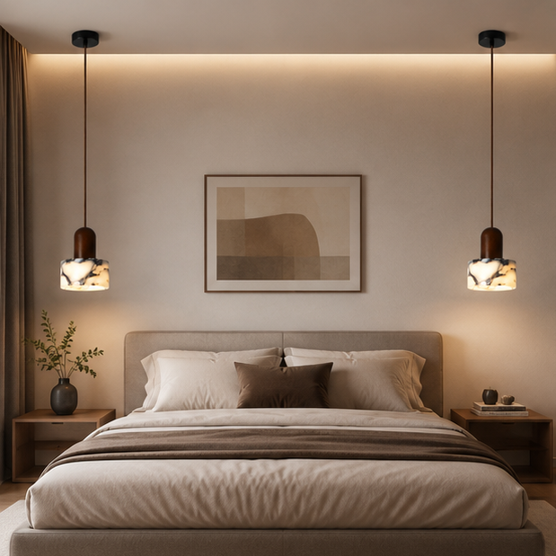 Suspension Cylindre Marbre Blanc et Bois Naturel - Cuisine Chambre Salon — Artemis