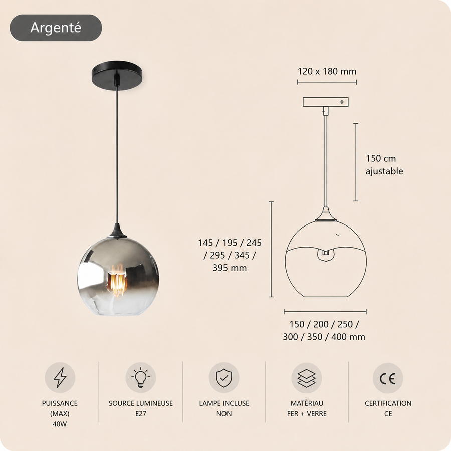 Suspension Sphère Verre Fumé et Laiton Poli Boule - Cuisine Salon Salle à Manger — Platino