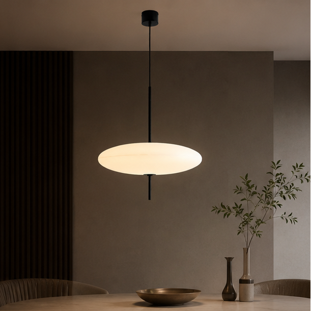 Suspension Disque Métal Noir et Verre Opalin - Chambre Salon Cuisine — Xenon