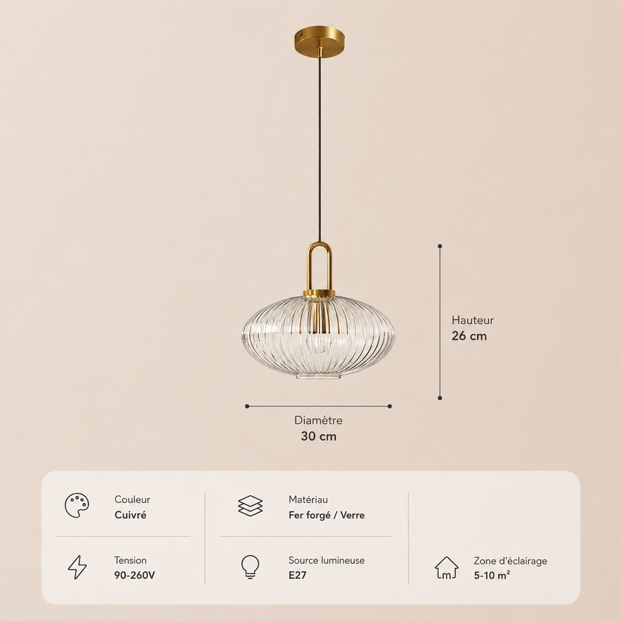Suspension Cylindre Verre Strié et Laiton Doré - Chambre Salon Cuisine — Dag