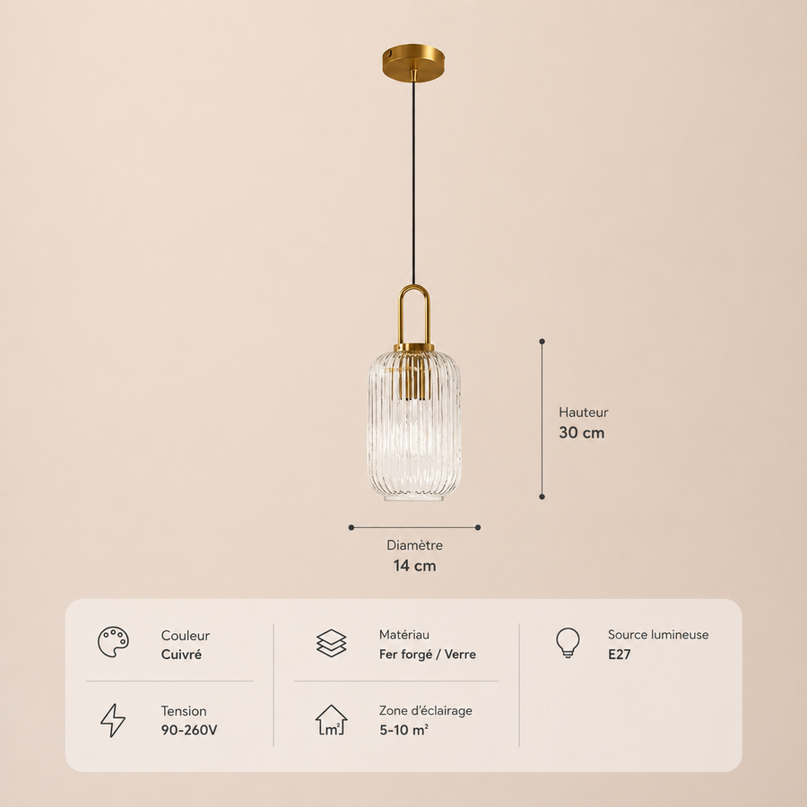 Suspension Cylindre Verre Strié et Laiton Doré - Chambre Salon Cuisine — Dag