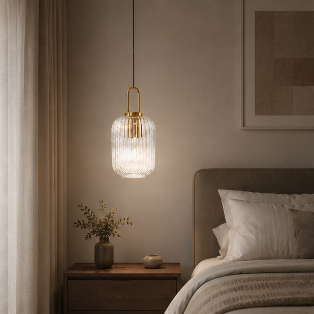 Suspension Cylindre Verre Strié et Laiton Doré - Chambre Salon Cuisine — Dag