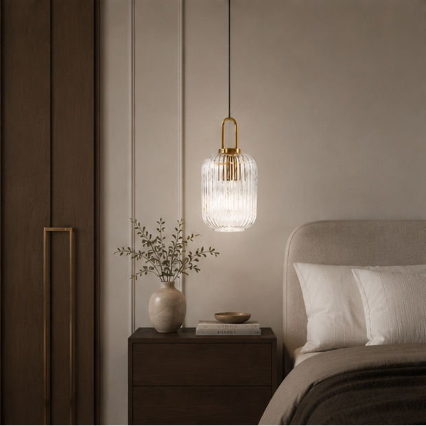 Suspension Cylindre Verre Strié et Laiton Doré - Chambre Salon Cuisine — Dag
