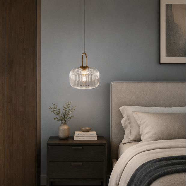 Suspension Cylindre Verre Strié et Laiton Doré - Chambre Salon Cuisine — Dag