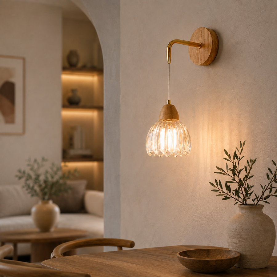 Suspension Cloche Verre Transparent et Bois Naturel - Cuisine Chambre Salon — Campanio