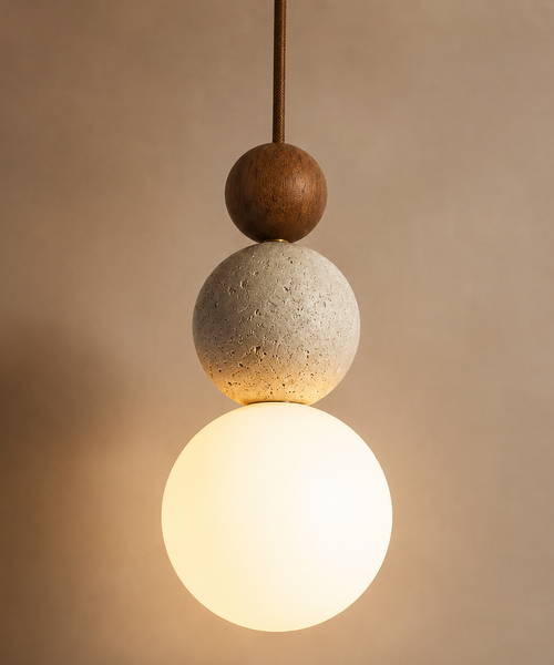Suspension Sphère Béton Brut et Bois Naturel Boule - Cuisine Chambre Salon — Lyra