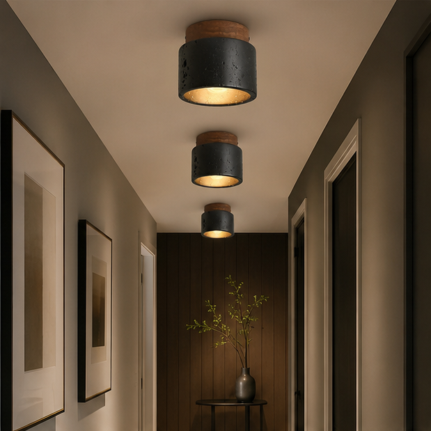 Plafonnier Cylindre Béton Noir et Bois Naturel - Salon Chambre Salle à Manger — Mimosa
