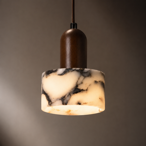 Suspension Cylindre Marbre Blanc et Bois Naturel - Cuisine Chambre Salon — Artemis