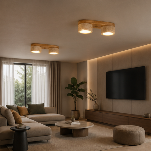 Plafonnier Cylindre Bois Foncé et Béton Épuré Design Moderne - Salon Chambre Salle à Manger — Vivace