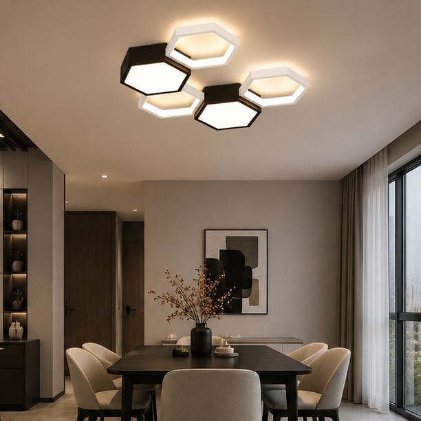 Plafonnier Hexagone Métal Noir et Blanc Minimaliste Design Moderne - Salle de Bain Salon Chambre — Presto