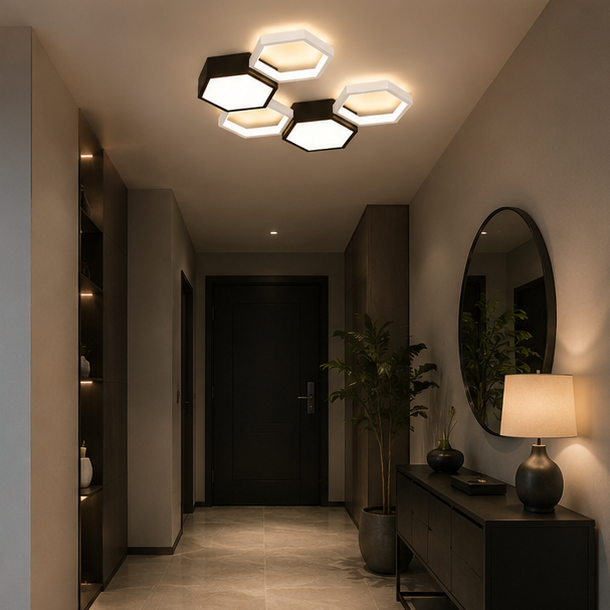 Plafonnier Hexagone Métal Noir et Blanc Minimaliste Design Moderne - Salle de Bain Salon Chambre — Presto