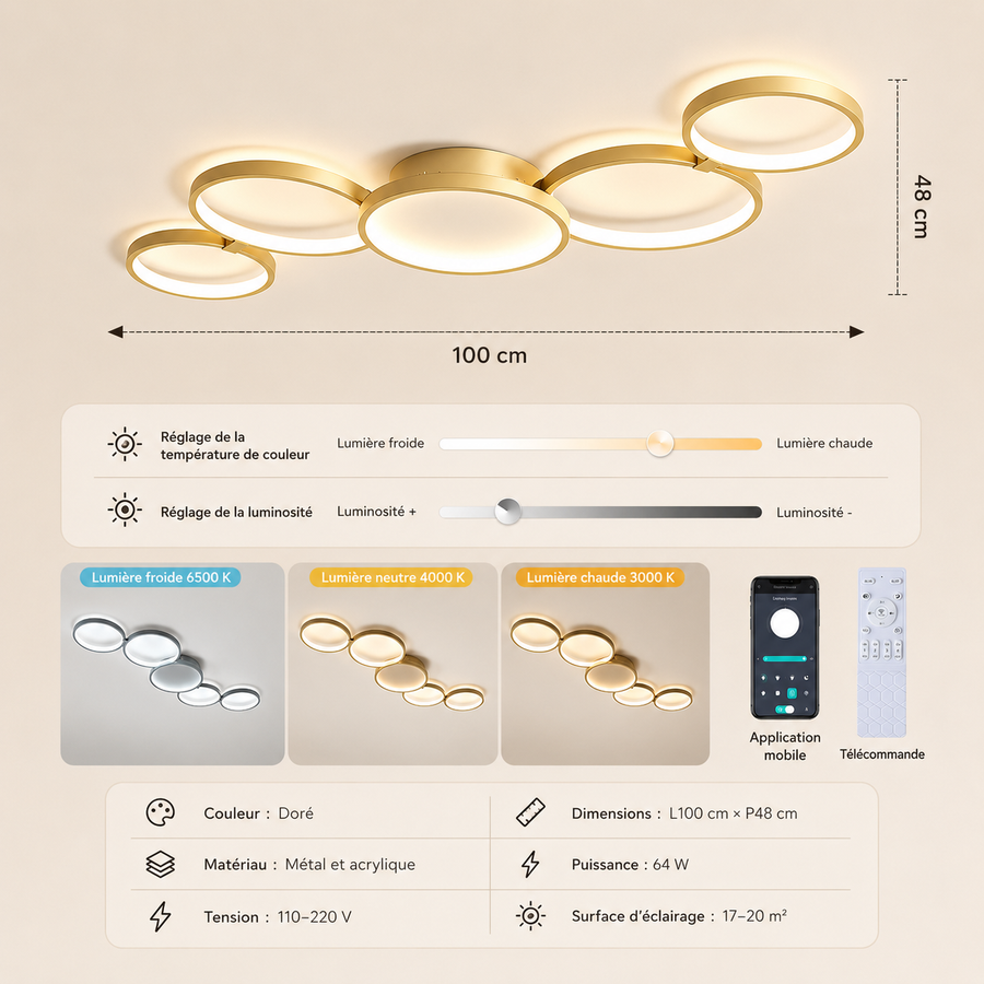 Plafonnier Anneaux Métal Design Salon LED Moderne Minimaliste - Salon Cuisine Chambre — Aether