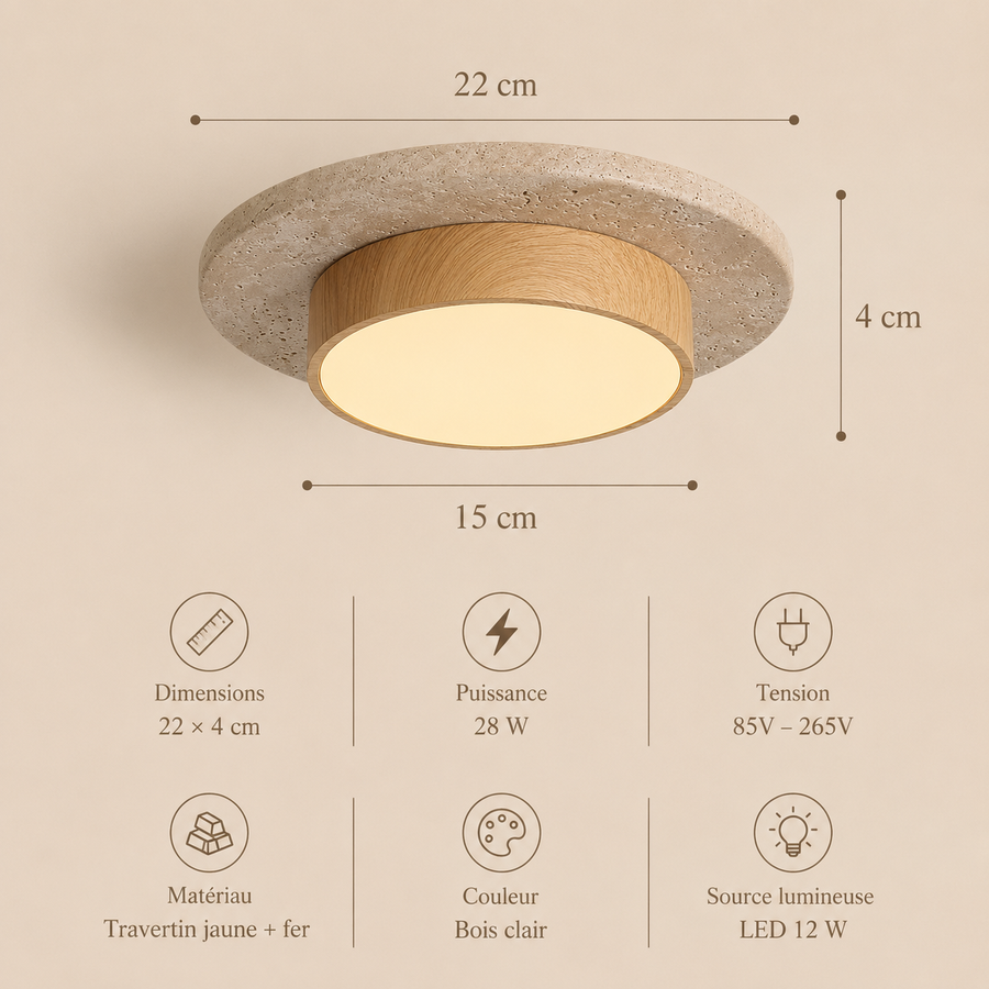 Plafonnier Béton Brut et Bois Naturel Anneau LED - Salon Cuisine Chambre — Quantum