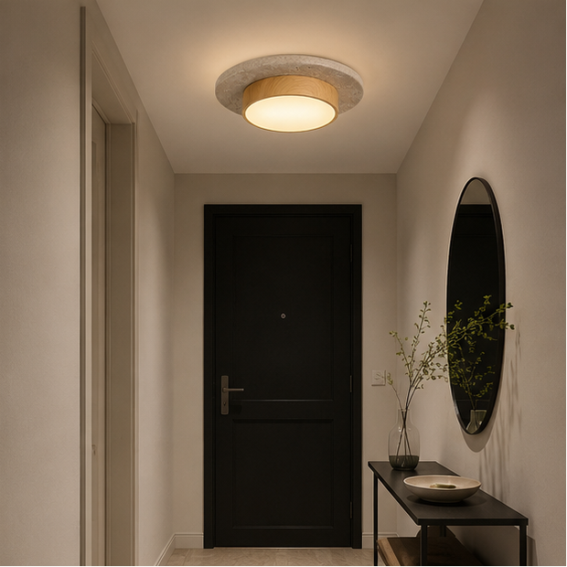 Plafonnier Béton Brut et Bois Naturel Anneau LED - Salon Cuisine Chambre — Quantum
