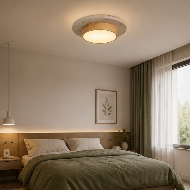 Plafonnier Béton Brut et Bois Naturel Anneau LED - Salon Cuisine Chambre — Quantum
