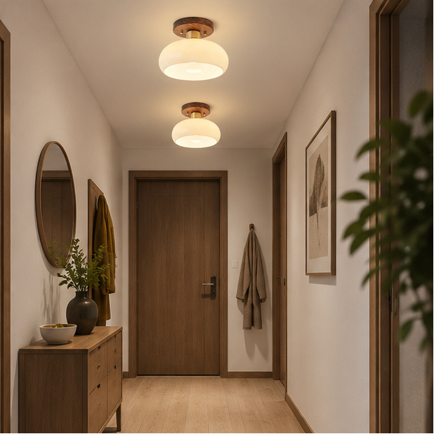 Plafonnier Dôme Verre Opalin et Bois Noyer - Salon Chambre Salle à Manger — Calotte