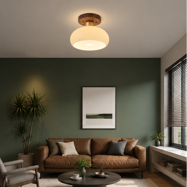 Plafonnier Dôme Verre Opalin et Bois Noyer - Salon Chambre Salle à Manger — Calotte