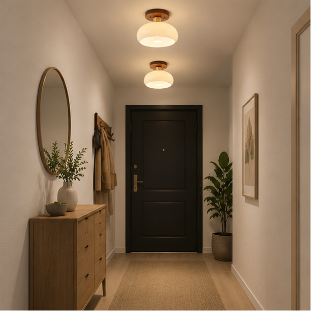 Plafonnier Dôme Verre Opalin et Bois Noyer - Salon Chambre Salle à Manger — Calotte