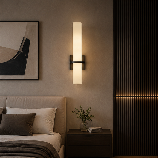 Applique Murale Cylindre Marbre Beige Épuré Design Moderne - Chambre Salle de Bain Salon — Alcyone