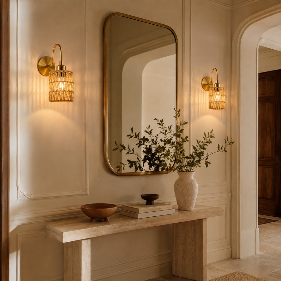 Applique Murale Cylindre Laiton Doré et Verre Opalin Dorée - Chambre Salle de Bain Salon — Peplum