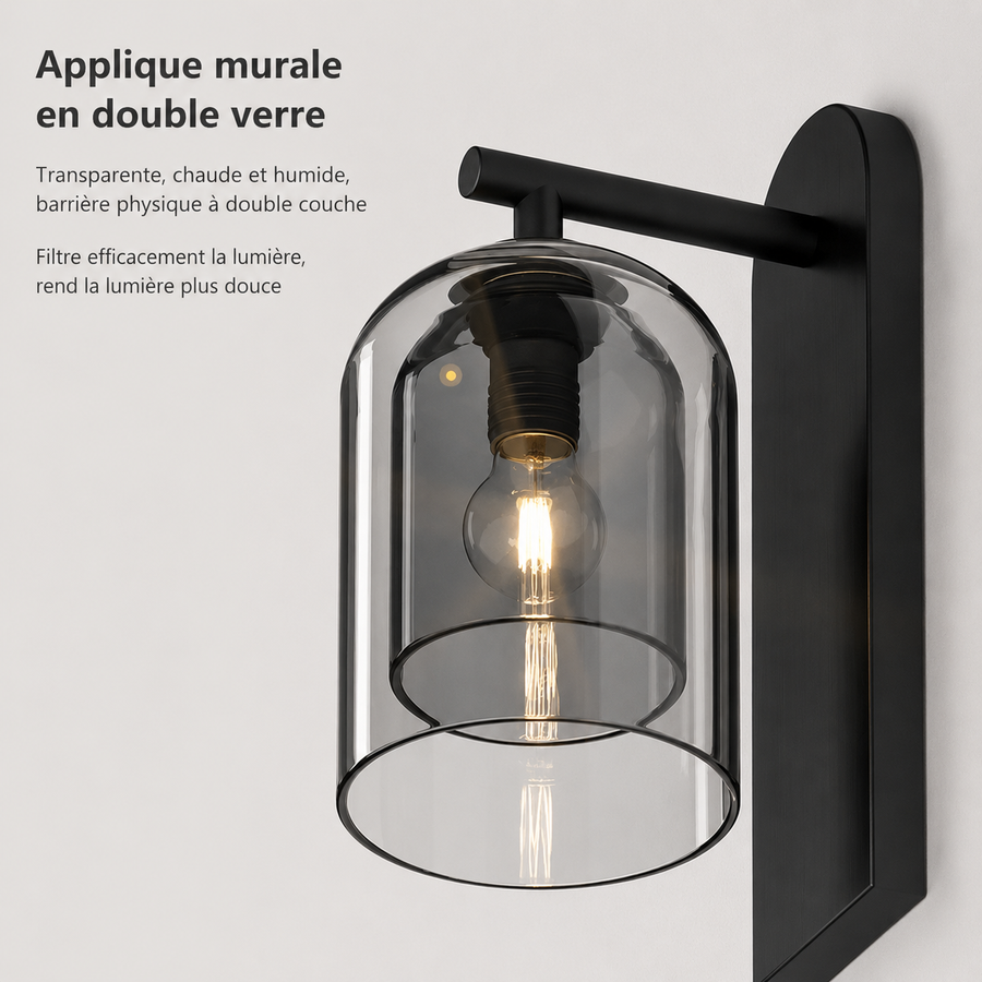 Applique Murale Cloche Verre Fumé et Métal Noir Noire - Chambre Salle de Bain Salon — Orm