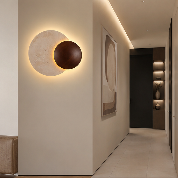 Applique Murale Disque Bois et Pierre Épurée Design Moderne Ronde - Chambre Salon Salle de Bain — Caël