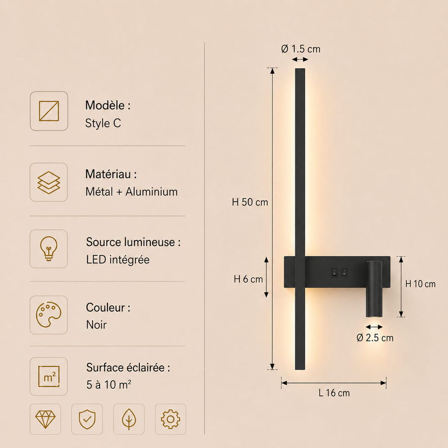 Applique Murale Cylindre Métal Noir Minimaliste Design Moderne Noire - Chambre Salle de Bain Salon — Lolanthe