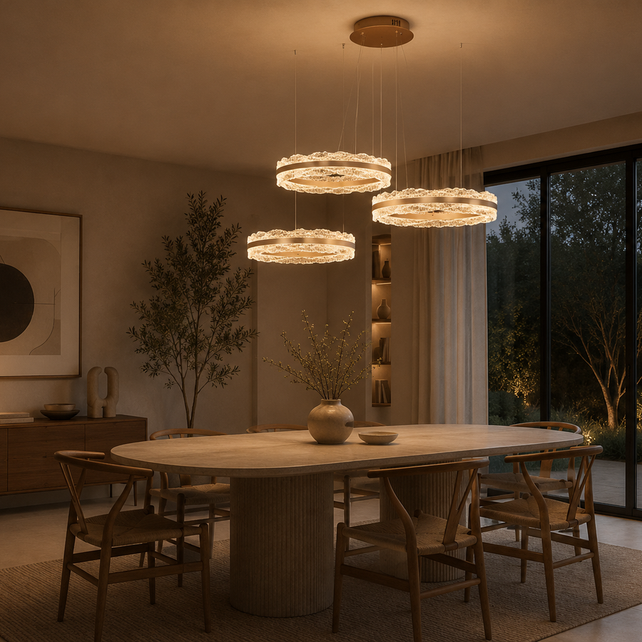 Lustre Suspension Anneaux Cristal Texturé et Métal Doré - Salon Salle à Manger — Arcus