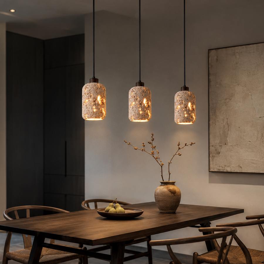 Suspension Cylindre Béton Sculpté Éclats Dorés - Chambre Salon Cuisine — Arundo