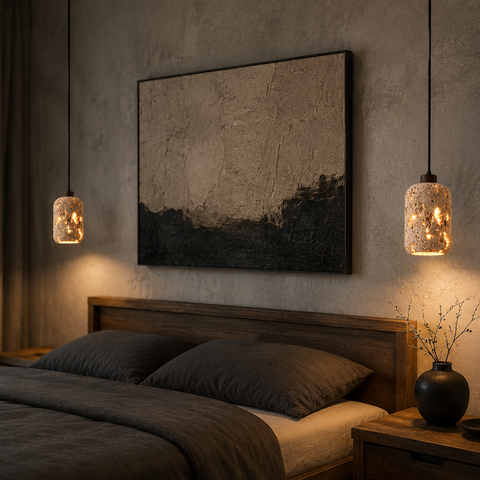 Suspension Cylindre Béton Sculpté Éclats Dorés - Chambre Salon Cuisine — Arundo