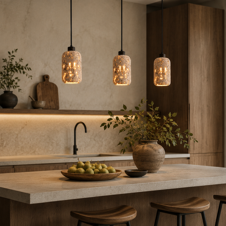 Suspension Cylindre Béton Sculpté Éclats Dorés - Chambre Salon Cuisine — Arundo