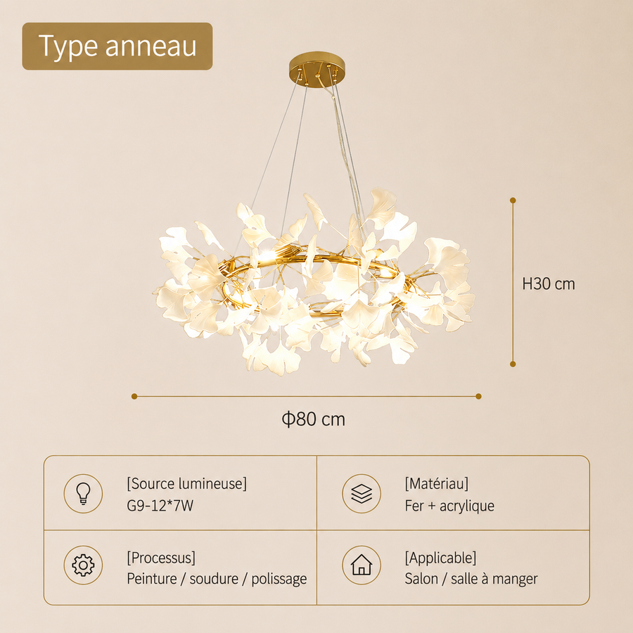 Lustre Suspension Feuillage Métal Doré et Blanc Éclatant - Salon Salle à Manger — Folium