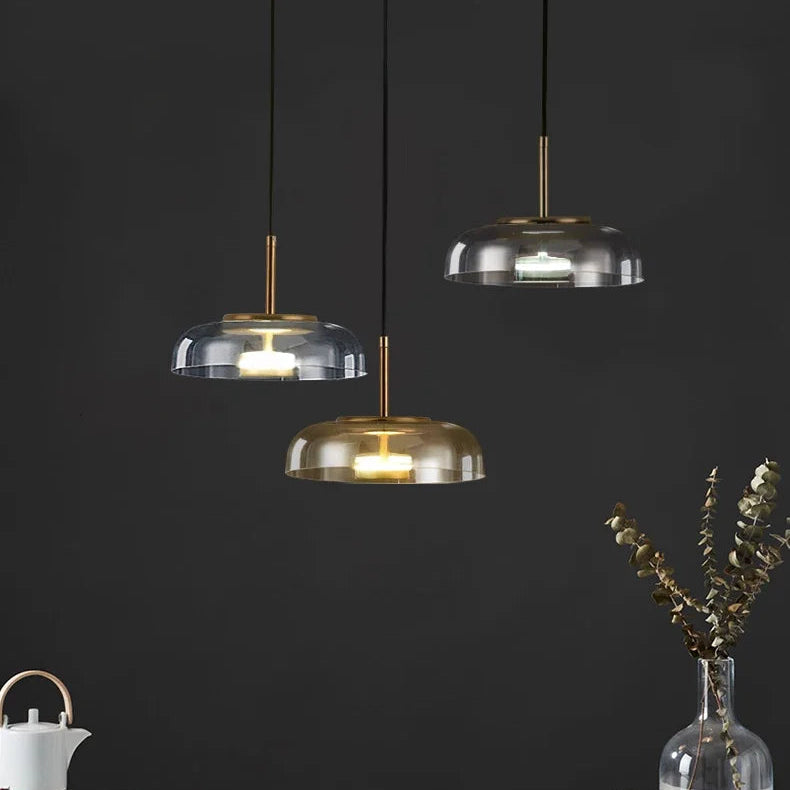 Suspension Dôme Verre Transparent et Laiton Épuré Design - Cuisine Salon Salle à Manger — Calotte