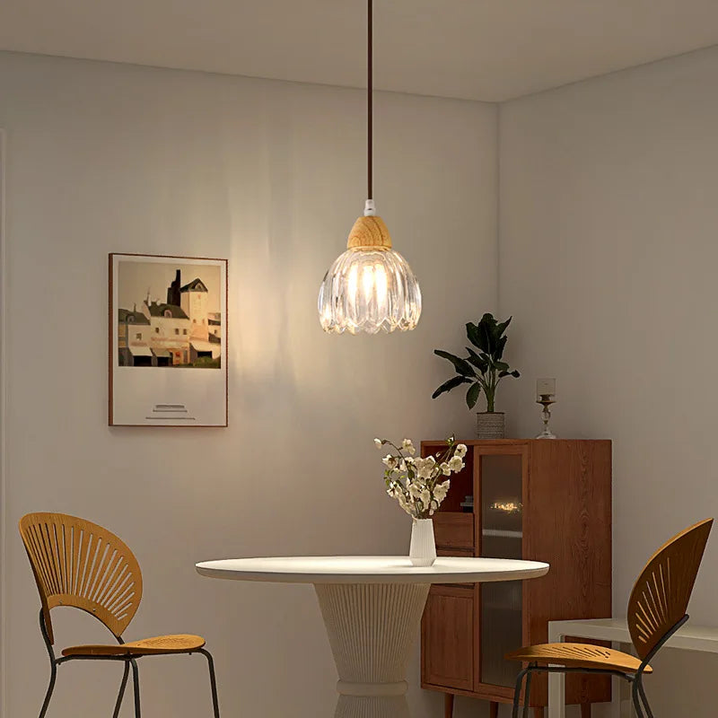 Suspension Cloche Verre Transparent et Bois Naturel - Cuisine Chambre Salon — Campanio