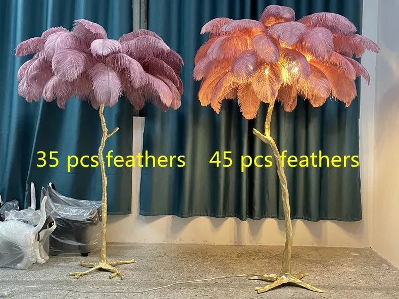 Lampadaire Feuillage Plumes Crème et Métal Doré - Salon Bureau Chambre — Folia
