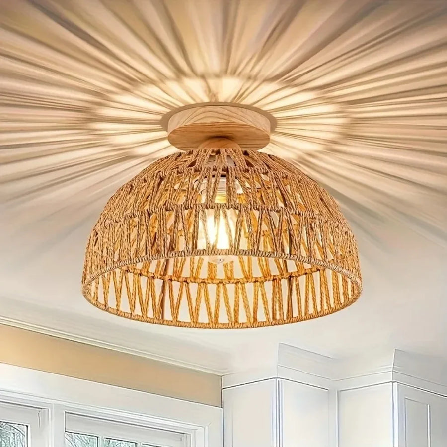 Plafonnier Dôme Rotin Tressé Éclats Lumineux - Salon Chambre Salle à Manger — Capella