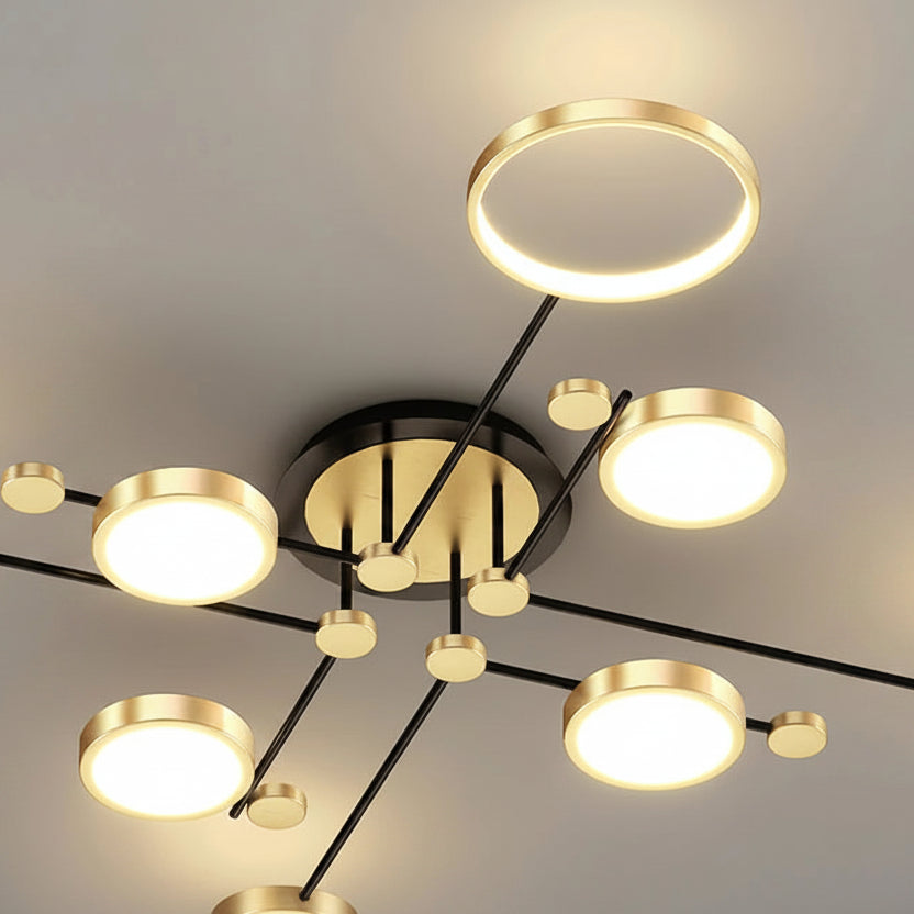 Lustre Plafonnier Anneaux Métal Noir et Laiton Épuré Design - Salon Salle à Manger — Soleo