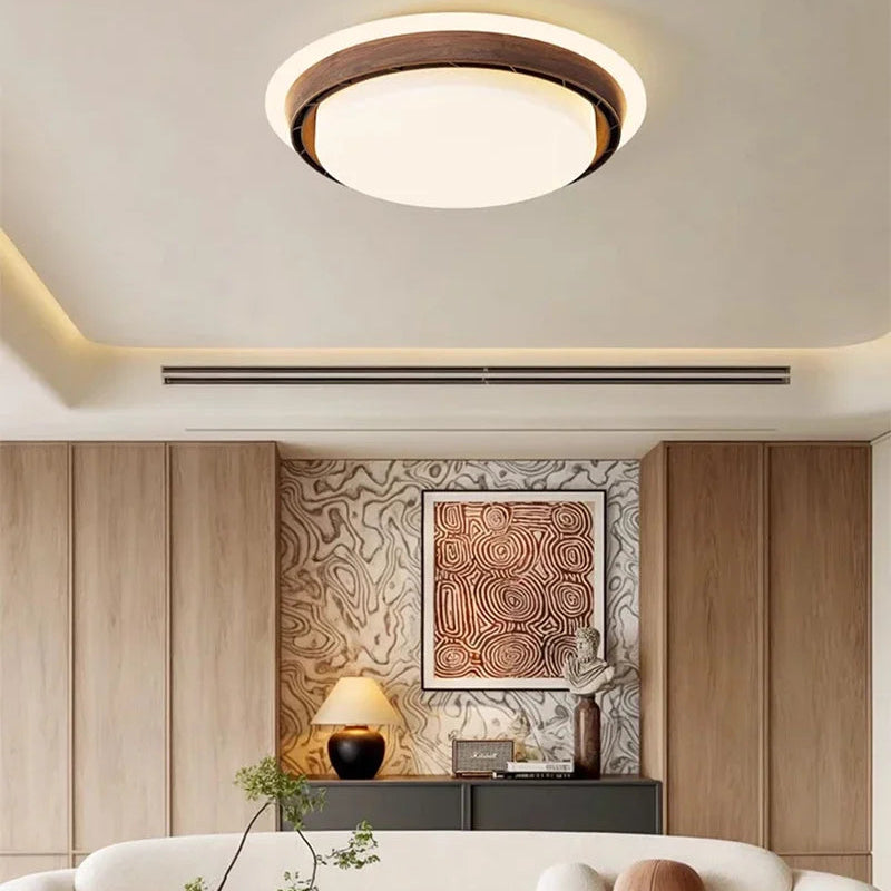 Plafonnier Anneau Bois Naturel et Verre Opalin - Salon Chambre Salle à Manger — Émeraude