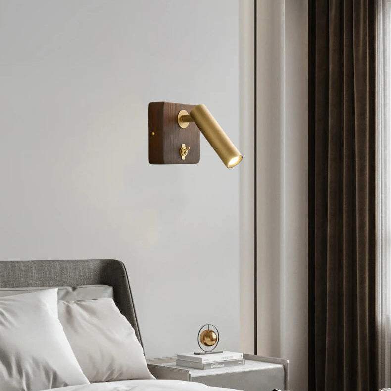 Applique Murale Cylindre Laiton et Bois Noyer Épuré Design Moderne - Chambre Salle de Bain Salon — Prisme