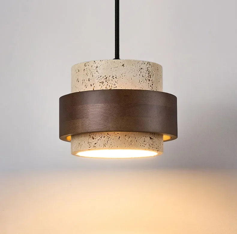 Suspension Cylindre Bois Foncé et Béton Brut - Chambre Salon Cuisine — Fuseau